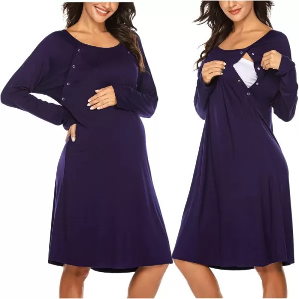 Ekouaer Womens NursingDeliveryLabor Nightgown Long Sleeve Maternity Sleepshirt for Breastfeeding with ButtonPurple