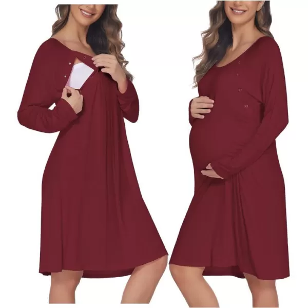 Ekouaer Womens NursingDeliveryLabor Nightgown Long Sleeve Maternity Sleepshirt for Breastfeeding with ButtonWine Red