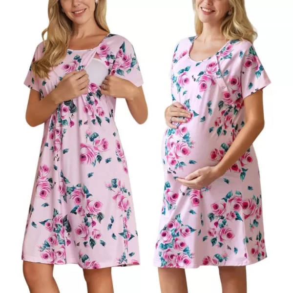 Ekouaer Womens NursingDeliveryLaborHospital Nightdress Short Sleeve Maternity Nightgown with Button SXXLPink With Red Flower