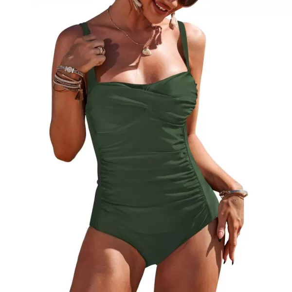 Ekouaer Womens One Piece Swimsuit Ruched Tummy Control Bathing Suits Vintage Retro Push Up SwimwearASolid Color Army Green