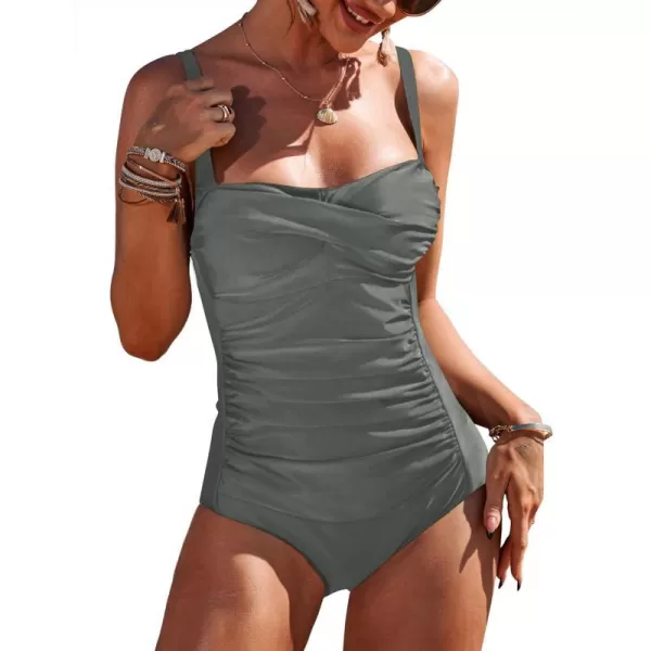 Ekouaer Womens One Piece Swimsuit Ruched Tummy Control Bathing Suits Vintage Retro Push Up SwimwearASolid Color Silver