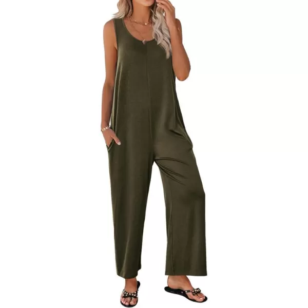 Ekouaer Womens Onesies Pajamas Scoop Neck Tank Jumpsuits Casual Wide Leg Loose Rompers with PocketsArmy Green