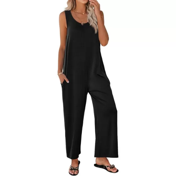 Ekouaer Womens Onesies Pajamas Scoop Neck Tank Jumpsuits Casual Wide Leg Loose Rompers with PocketsBlack