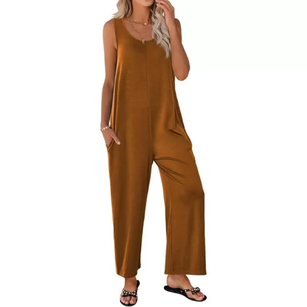 Ekouaer Womens Onesies Pajamas Scoop Neck Tank Jumpsuits Casual Wide Leg Loose Rompers with PocketsBrown