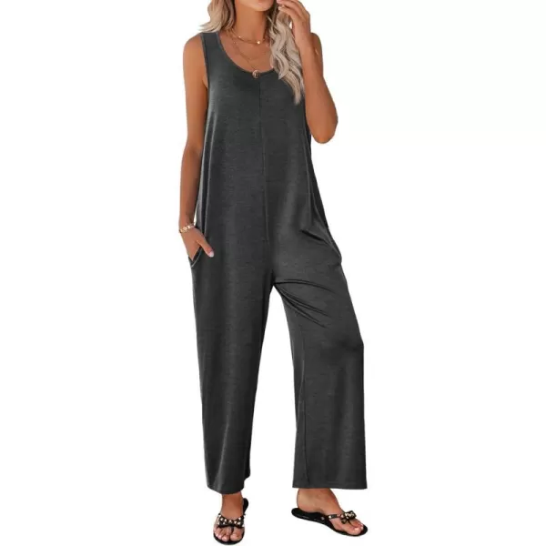 Ekouaer Womens Onesies Pajamas Scoop Neck Tank Jumpsuits Casual Wide Leg Loose Rompers with PocketsDark Gray