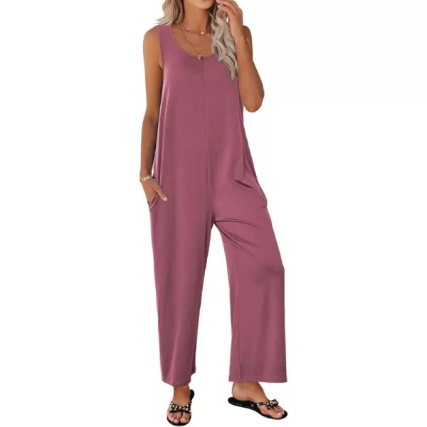 Ekouaer Womens Onesies Pajamas Scoop Neck Tank Jumpsuits Casual Wide Leg Loose Rompers with PocketsDark Pink