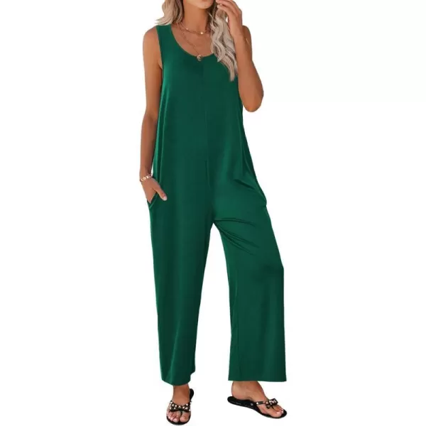 Ekouaer Womens Onesies Pajamas Scoop Neck Tank Jumpsuits Casual Wide Leg Loose Rompers with PocketsDeep Green