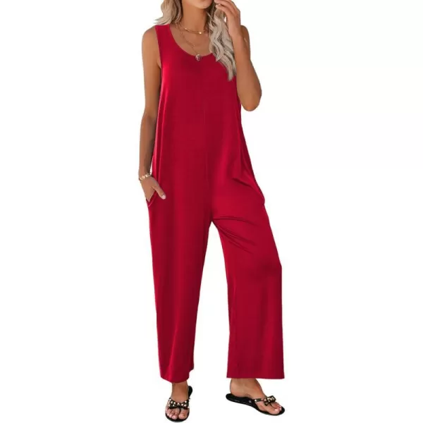 Ekouaer Womens Onesies Pajamas Scoop Neck Tank Jumpsuits Casual Wide Leg Loose Rompers with PocketsDeep Red