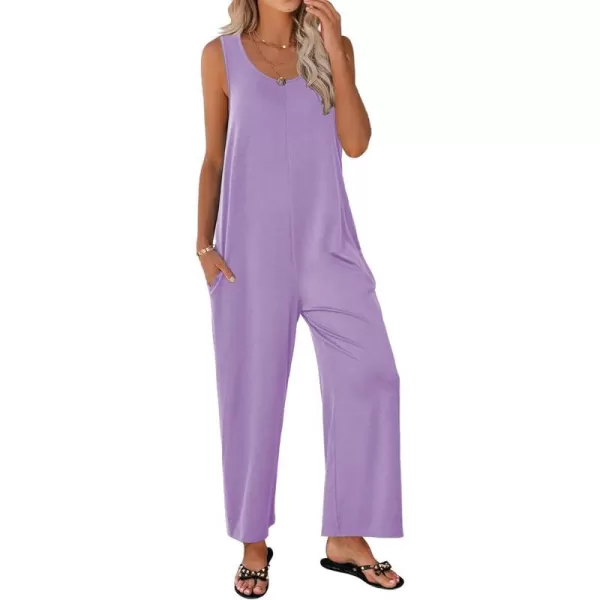 Ekouaer Womens Onesies Pajamas Scoop Neck Tank Jumpsuits Casual Wide Leg Loose Rompers with PocketsLilac