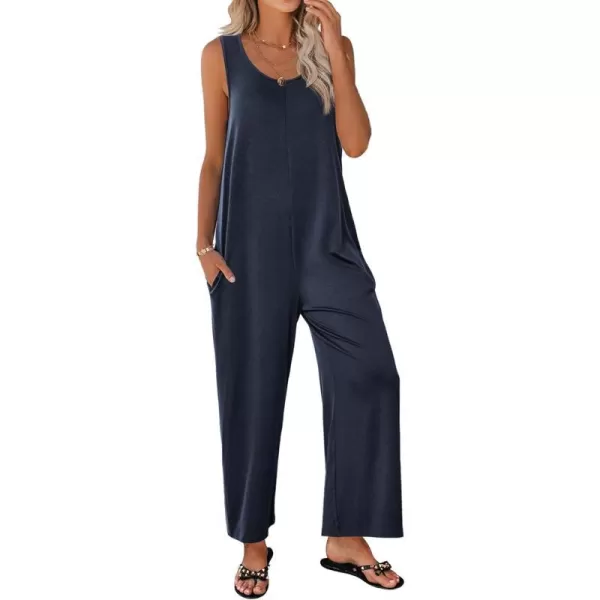 Ekouaer Womens Onesies Pajamas Scoop Neck Tank Jumpsuits Casual Wide Leg Loose Rompers with PocketsNavy Blue