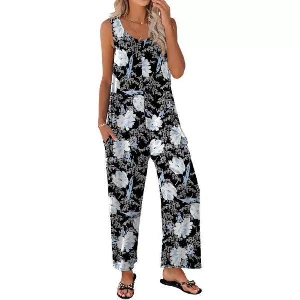 Ekouaer Womens Onesies Pajamas Scoop Neck Tank Jumpsuits Casual Wide Leg Loose Rompers with PocketsPat2 White Lily