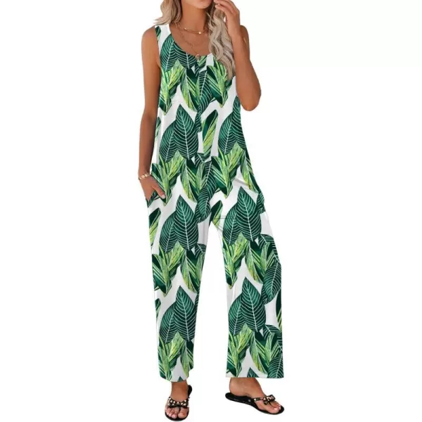 Ekouaer Womens Onesies Pajamas Scoop Neck Tank Jumpsuits Casual Wide Leg Loose Rompers with PocketsPat4 Leaf Print