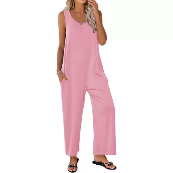 Ekouaer Womens Onesies Pajamas Scoop Neck Tank Jumpsuits Casual Wide Leg Loose Rompers with PocketsPink