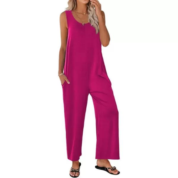 Ekouaer Womens Onesies Pajamas Scoop Neck Tank Jumpsuits Casual Wide Leg Loose Rompers with PocketsRose Red