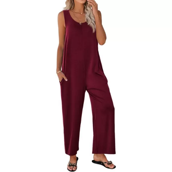 Ekouaer Womens Onesies Pajamas Scoop Neck Tank Jumpsuits Casual Wide Leg Loose Rompers with PocketsWine Red