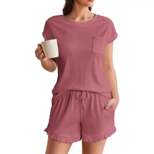 Ekouaer Womens Pajama Set Cap Sleeve Lounge Set Tops and Ruffle Shorts Pj Sets Casual Sleepwear with PocketsDark Pink