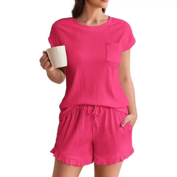 Ekouaer Womens Pajama Set Cap Sleeve Lounge Set Tops and Ruffle Shorts Pj Sets Casual Sleepwear with PocketsHot Pink