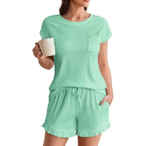 Ekouaer Womens Pajama Set Cap Sleeve Lounge Set Tops and Ruffle Shorts Pj Sets Casual Sleepwear with PocketsIce Green