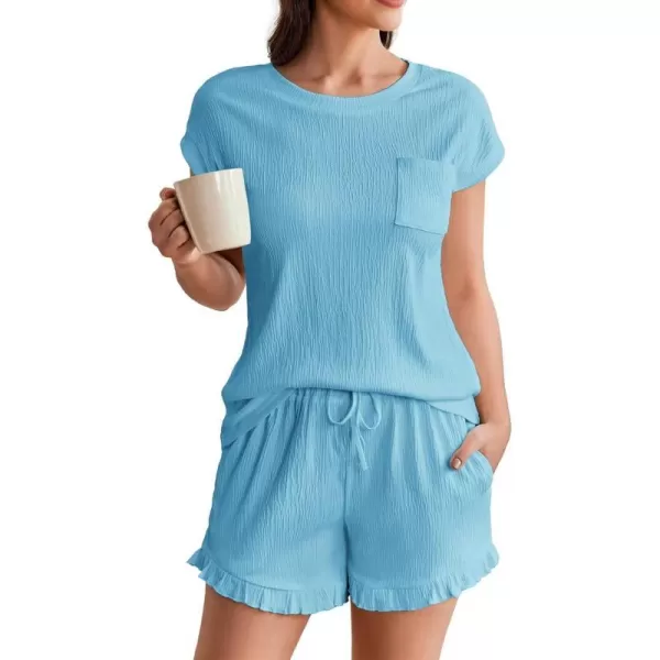 Ekouaer Womens Pajama Set Cap Sleeve Lounge Set Tops and Ruffle Shorts Pj Sets Casual Sleepwear with PocketsLight Blue