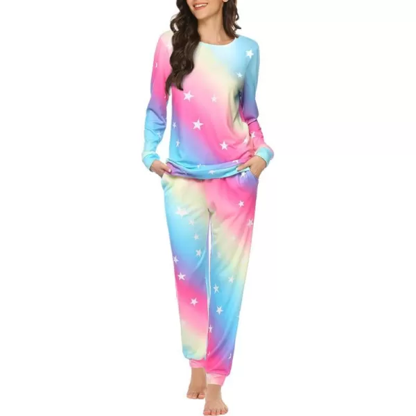 Ekouaer Womens Pajama Set Long Sleeve Sleepwear Star Print Nightwear Soft Pjs Lounge Sets with PocketsArainbow White Star