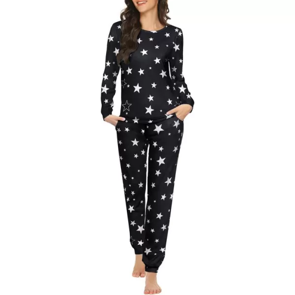 Ekouaer Womens Pajama Set Long Sleeve Sleepwear Star Print Nightwear Soft Pjs Lounge Sets with PocketsBlack Star