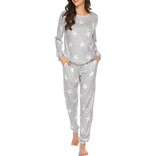 Ekouaer Womens Pajama Set Long Sleeve Sleepwear Star Print Nightwear Soft Pjs Lounge Sets with PocketsLight Graystars