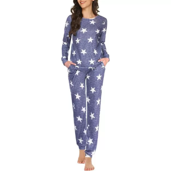 Ekouaer Womens Pajama Set Long Sleeve Sleepwear Star Print Nightwear Soft Pjs Lounge Sets with PocketsLongblue White Star