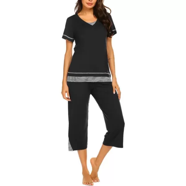 Ekouaer Womens Pajama Set Short Sleeve Shirt and Capri Pants Sleepwear Pjs Sets Soft SleepwearBlack