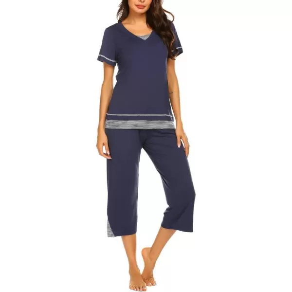 Ekouaer Womens Pajama Set Short Sleeve Shirt and Capri Pants Sleepwear Pjs Sets Soft SleepwearNavy Blue