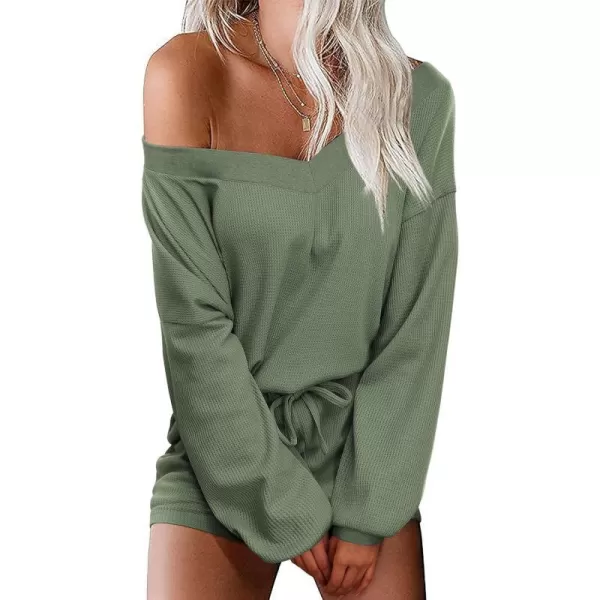 Ekouaer Womens Pajama Set Waffle Knit Lounge Set V Neck Off Shoulder Sleepwear Long Sleeve Top and Shorts 2 Piece SweatsuitBarmy Green