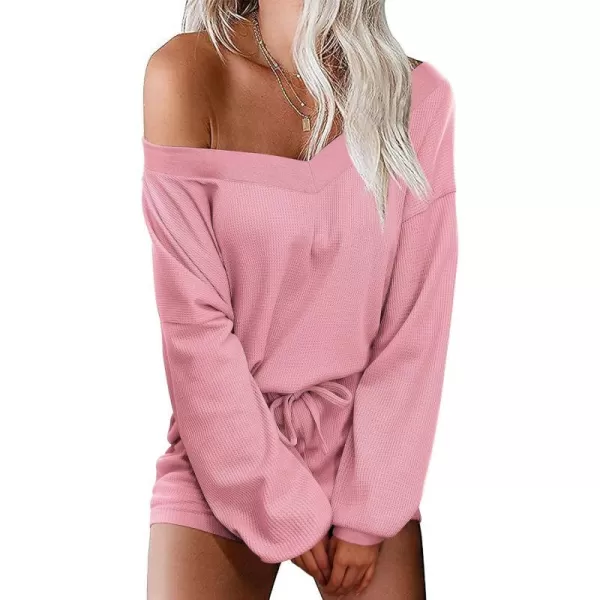 Ekouaer Womens Pajama Set Waffle Knit Lounge Set V Neck Off Shoulder Sleepwear Long Sleeve Top and Shorts 2 Piece SweatsuitBcandy Pink