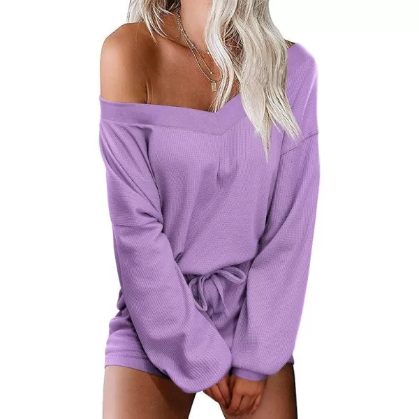 Ekouaer Womens Pajama Set Waffle Knit Lounge Set V Neck Off Shoulder Sleepwear Long Sleeve Top and Shorts 2 Piece SweatsuitCpurple