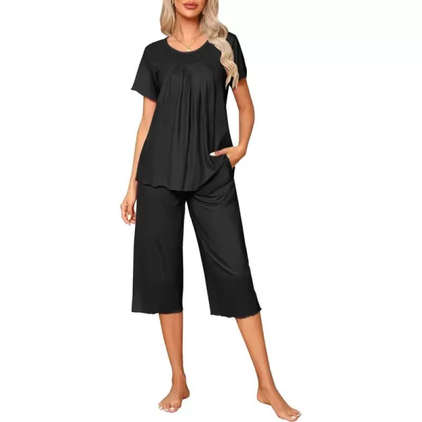 Ekouaer Womens Pajama Sets Short Sleeve Sleepwear Top and Capri Pants Soft Pjs 2 Piece Loungewear with PocketsBlack