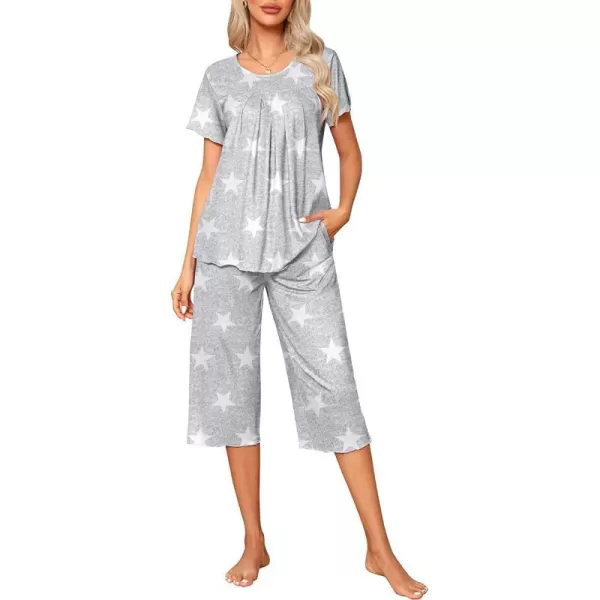 Ekouaer Womens Pajama Sets Short Sleeve Sleepwear Top and Capri Pants Soft Pjs 2 Piece Loungewear with PocketsGray Star