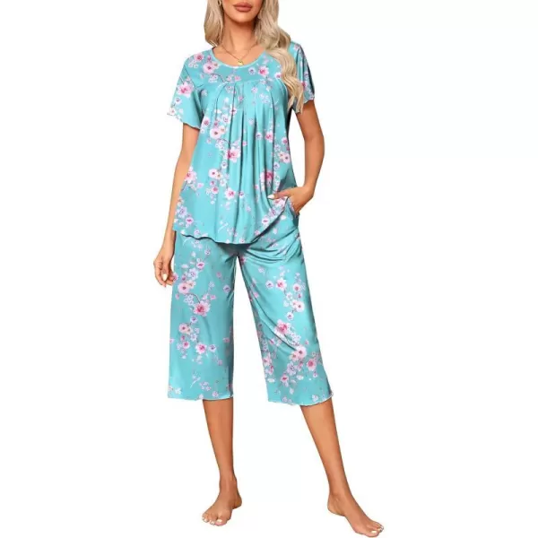 Ekouaer Womens Pajama Sets Short Sleeve Sleepwear Top and Capri Pants Soft Pjs 2 Piece Loungewear with PocketsLight Blue Flowers