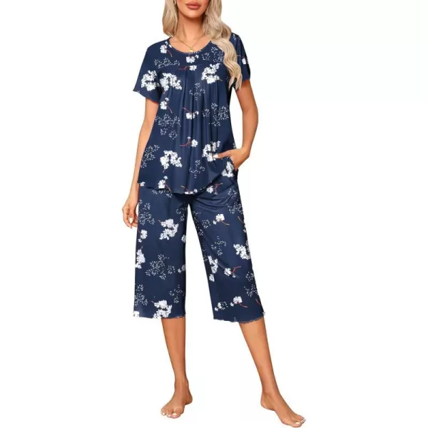 Ekouaer Womens Pajama Sets Short Sleeve Sleepwear Top and Capri Pants Soft Pjs 2 Piece Loungewear with PocketsNavy Blue Flowers