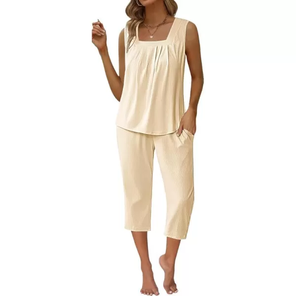 Ekouaer Womens Pajamas Loose Fit Pleated Square Neck Sleeveless Tops and Capri Pants Lounge Sets 2 Piece Outfits S3XLBeige