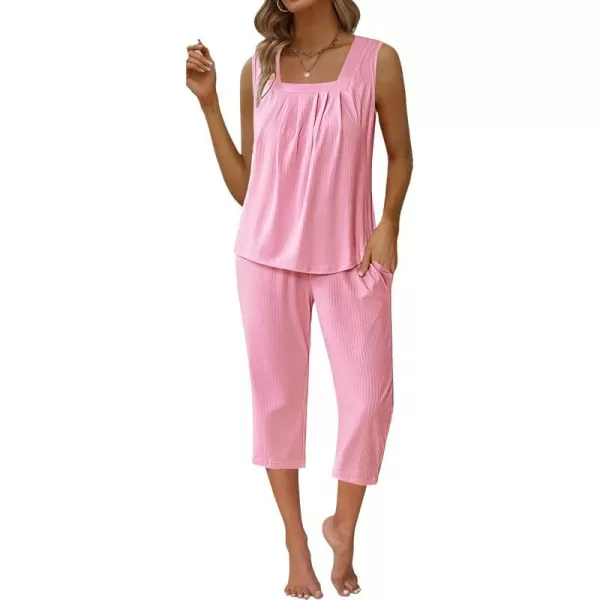 Ekouaer Womens Pajamas Loose Fit Pleated Square Neck Sleeveless Tops and Capri Pants Lounge Sets 2 Piece Outfits S3XLPink