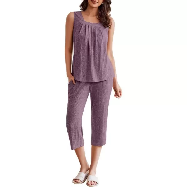 Ekouaer Womens Pajamas Loose Fit Pleated Square Neck Sleeveless Tops and Capri Pants Lounge Sets 2 Piece Outfits S3XLPurple