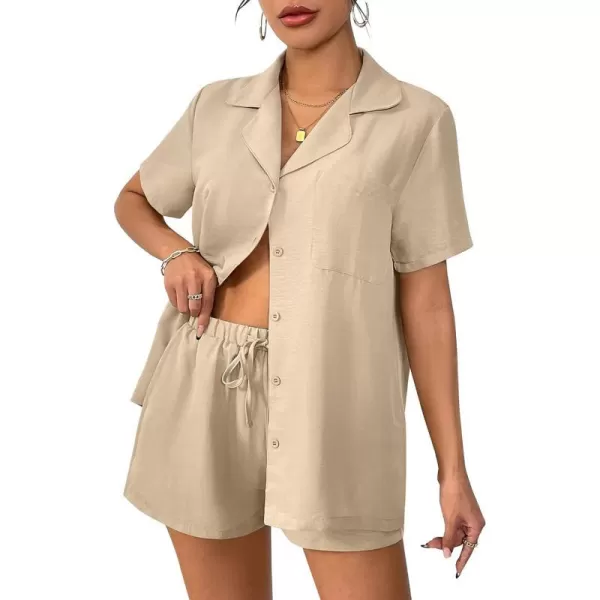 Ekouaer Womens Pajamas Set Classic Short Sleeve Lounge Shorts Set Button Down Shirts 2 Piece Outfit with Pockets01 Khaki