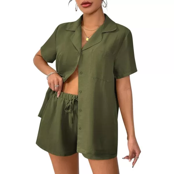 Ekouaer Womens Pajamas Set Classic Short Sleeve Lounge Shorts Set Button Down Shirts 2 Piece Outfit with PocketsArmy Green