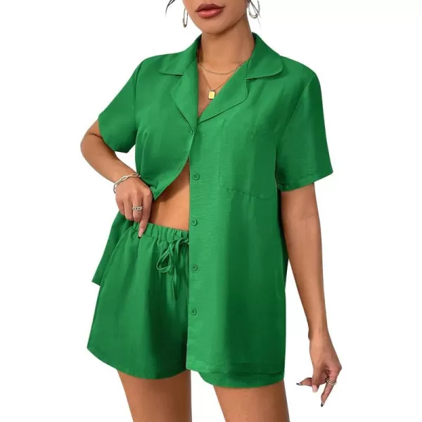 Ekouaer Womens Pajamas Set Classic Short Sleeve Lounge Shorts Set Button Down Shirts 2 Piece Outfit with PocketsGreen