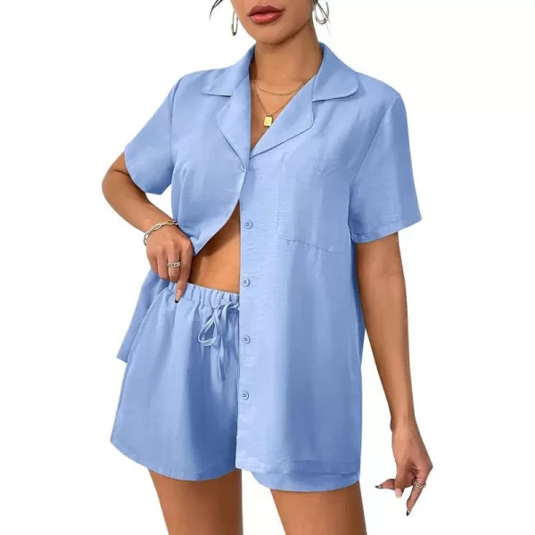 Ekouaer Womens Pajamas Set Classic Short Sleeve Lounge Shorts Set Button Down Shirts 2 Piece Outfit with PocketsLight Blue