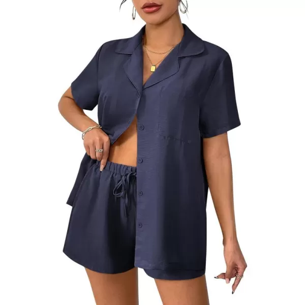 Ekouaer Womens Pajamas Set Classic Short Sleeve Lounge Shorts Set Button Down Shirts 2 Piece Outfit with PocketsNavy Blue