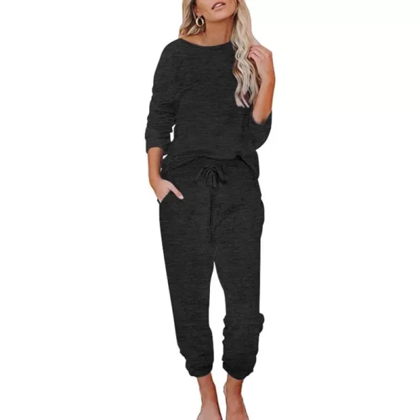 Ekouaer Womens Pajamas Set Long Sleeve Loungewear Soft Joggers Lounge Set with PocketsBlack