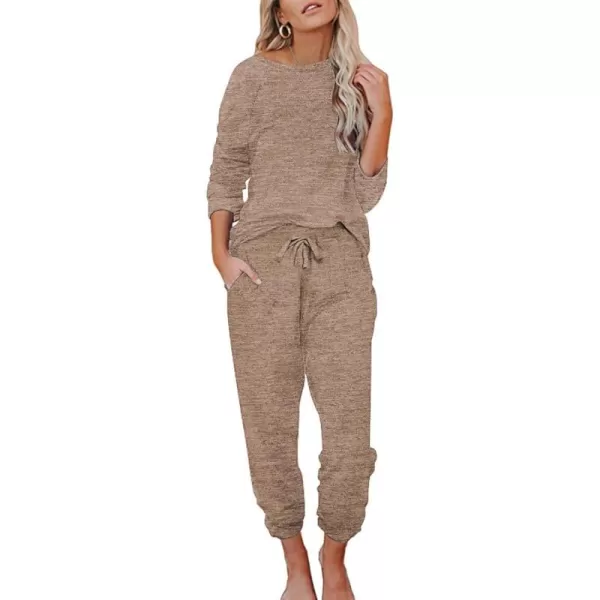 Ekouaer Womens Pajamas Set Long Sleeve Loungewear Soft Joggers Lounge Set with PocketsBrown