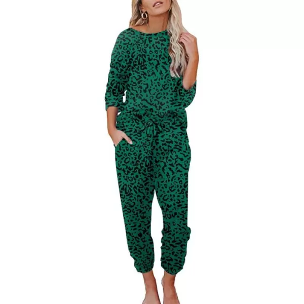 Ekouaer Womens Pajamas Set Long Sleeve Loungewear Soft Joggers Lounge Set with PocketsGreen Leopard