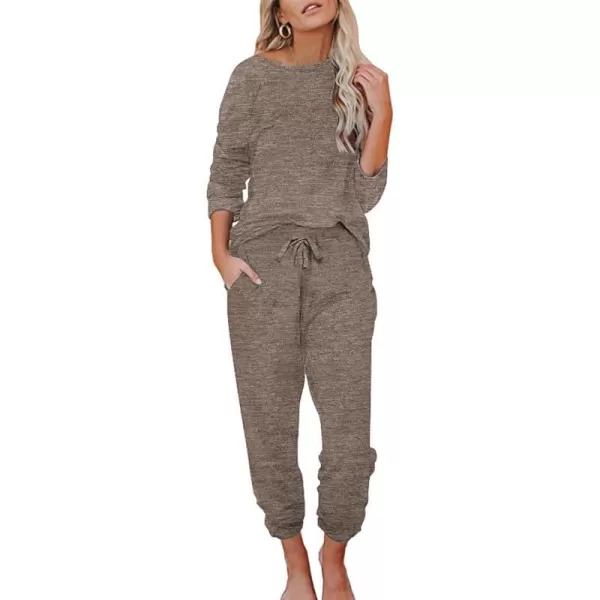 Ekouaer Womens Pajamas Set Long Sleeve Loungewear Soft Joggers Lounge Set with PocketsLight Brown