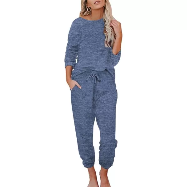 Ekouaer Womens Pajamas Set Long Sleeve Loungewear Soft Joggers Lounge Set with PocketsNavy Blue