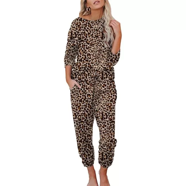 Ekouaer Womens Pajamas Set Long Sleeve Loungewear Soft Joggers Lounge Set with PocketsPattern1 Leopard